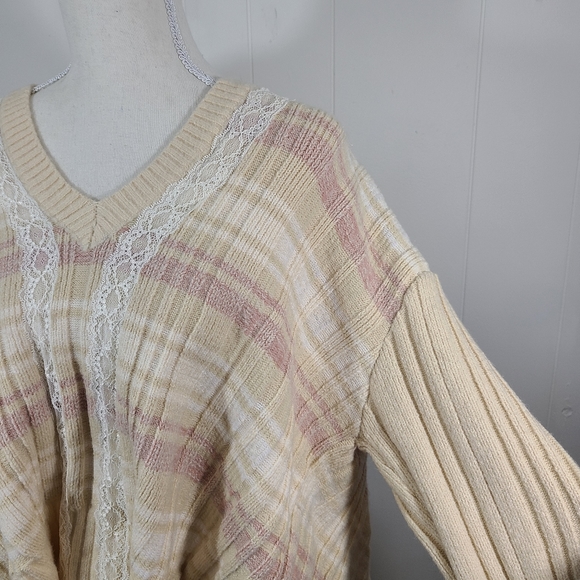 POL Chunky Knit Sweater Lace Stripe Rib Sharkbite High Low V Neck Boxy Oversized - Picture 5 of 12